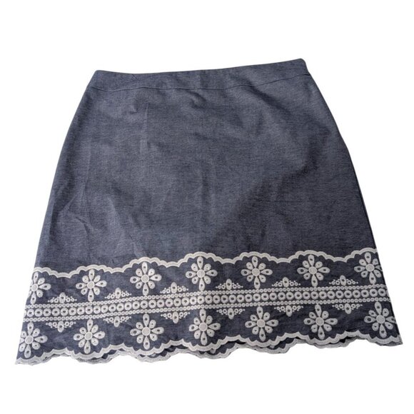NEW Talbots Chambray Floral Embroidered Skirt Womens Size 4 Blue Cotton A Line - Picture 1 of 10